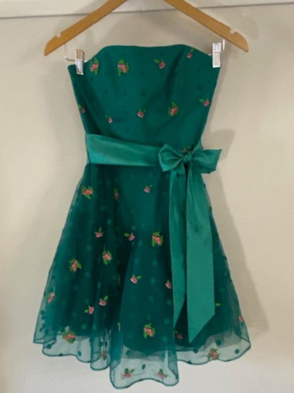Betsey Johnson Evening Strapless Dress Y2K Emerald Green Floral Tule Size 4